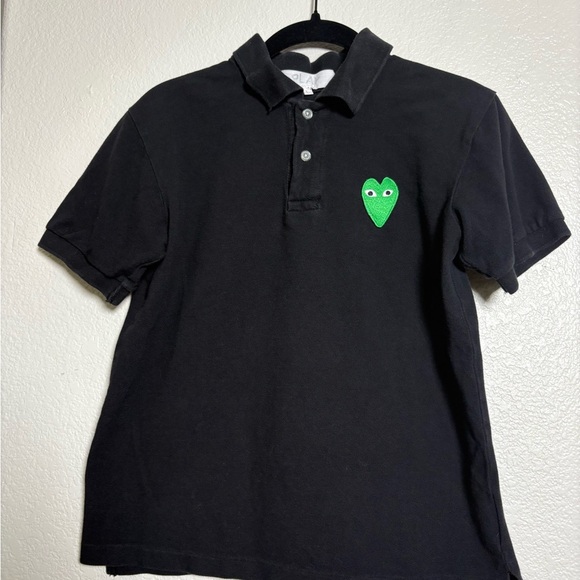Comme des Garçon Play Kids Black Polo Shirt with Green Heart Patch. Size Large - Picture 2 of 14